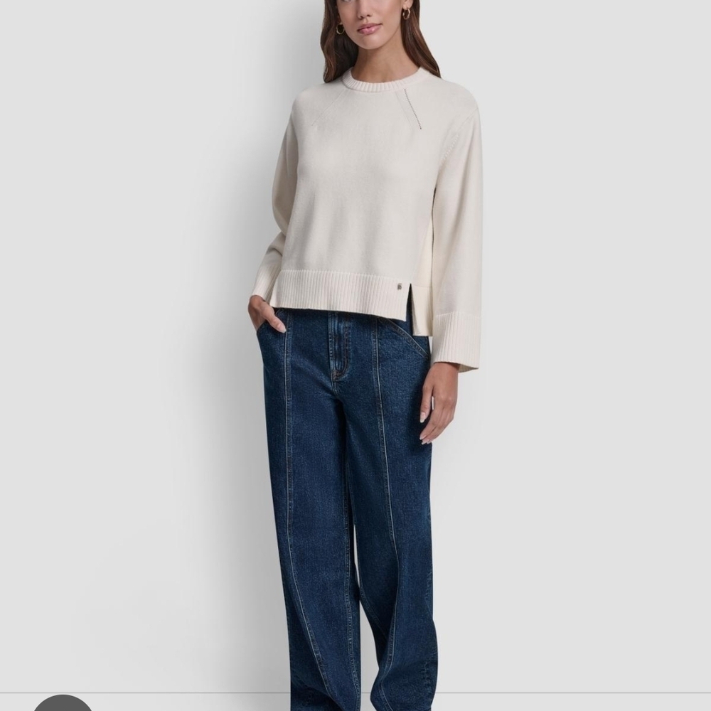 NWT DKNY Jeans Women's Ivory Cream Knit Sweater Pullover Long Sleeve Size L